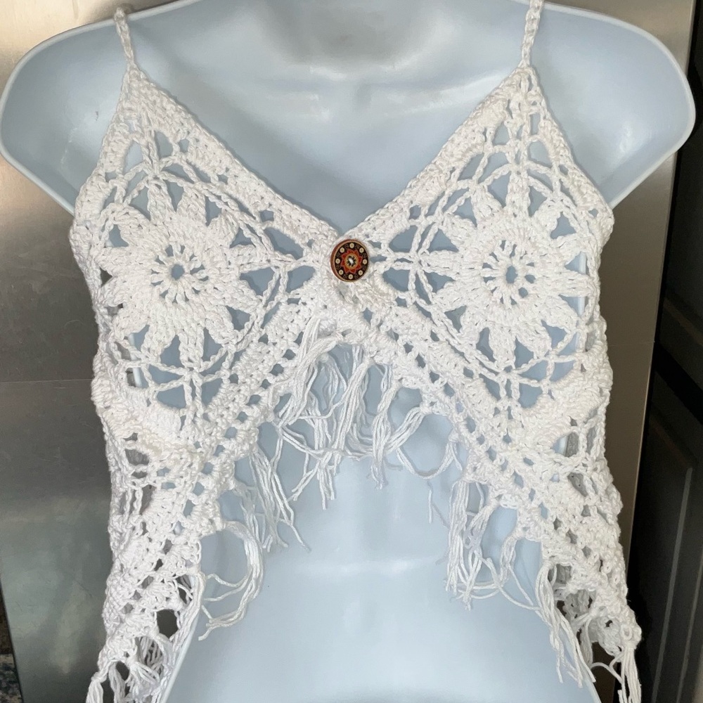 Handmade Crochet Halter crop top Small White Bohemian Cover up with fringe - Picture 6 of 7